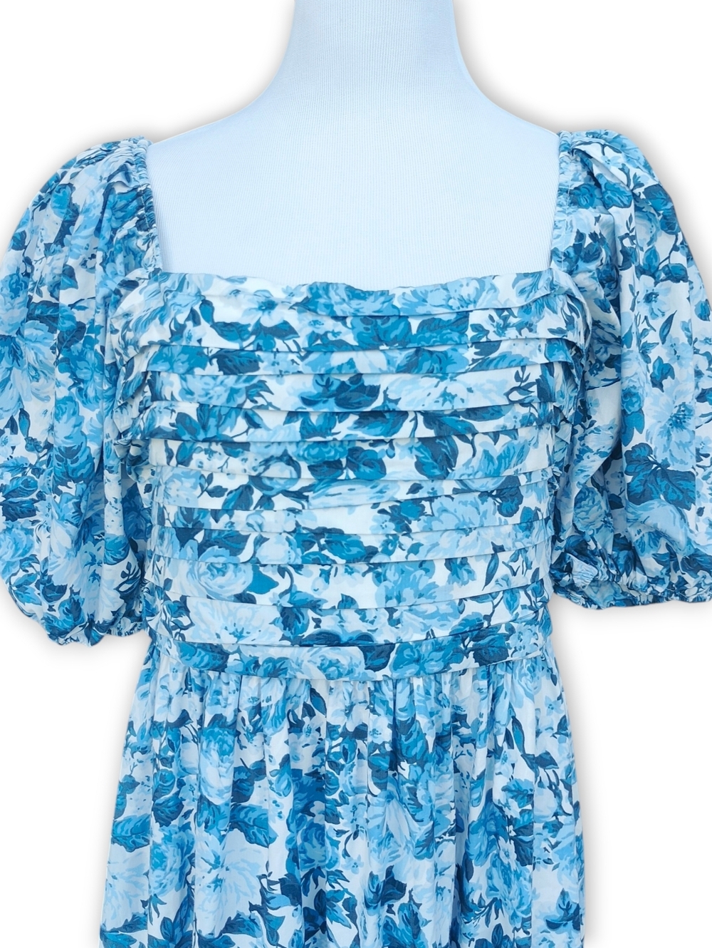 Abercrombie & Fitch Emerson Blue Floral Poplin Puff Sleeve Midi Dress Size LT - Picture 4 of 10